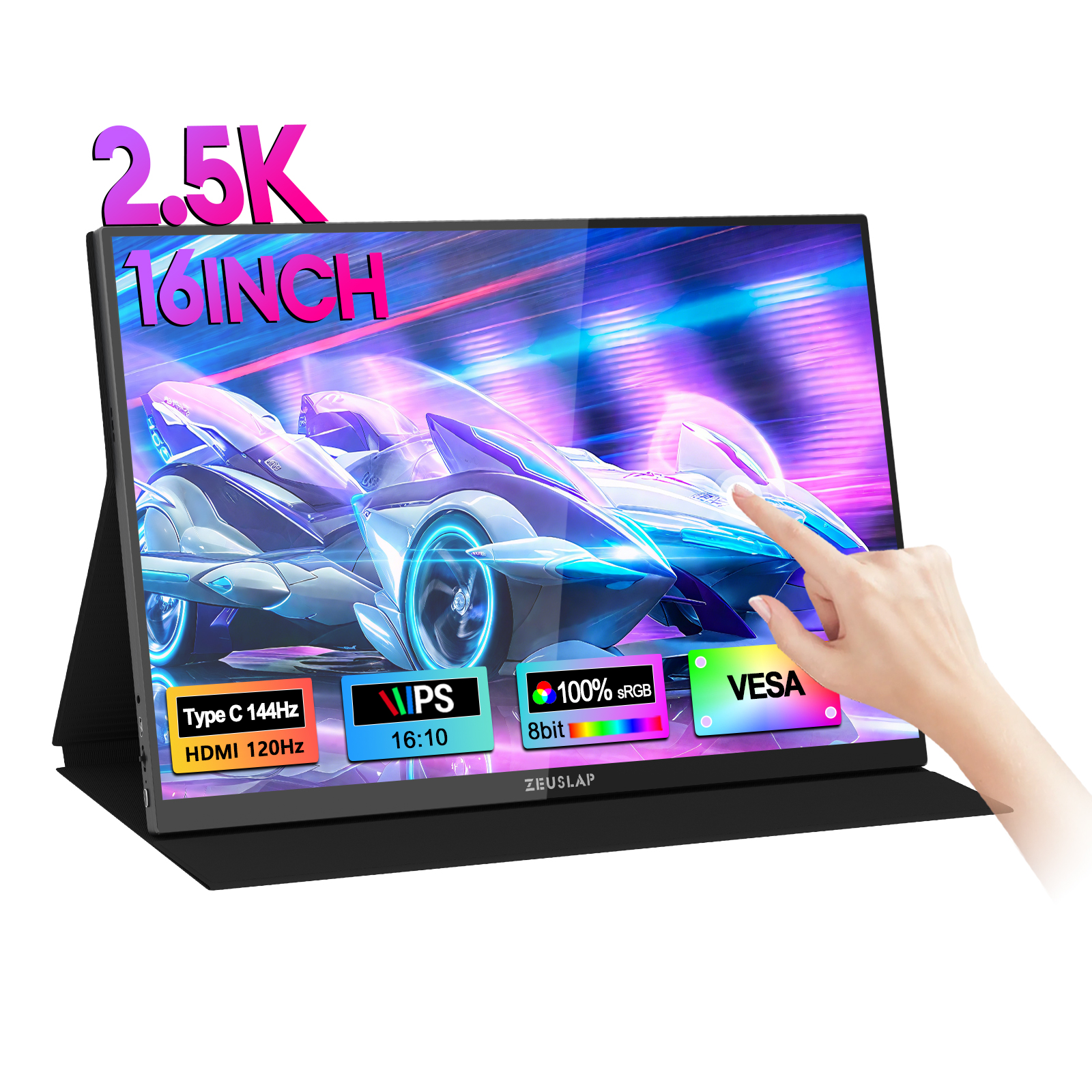 ZEUSLAP 16" 2.5K 144hz Touch Screen Portable Monitor 2560*1600 100%sRGB 500Cd/m² Travel Display for Laptop Computer