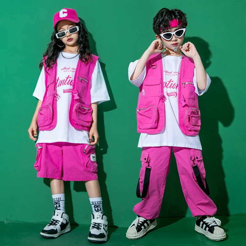 女の子ジャズダンス衣装ヒップホップ服白ショートショート Tシャツピンクベストパンツグループモダンダンスパフォーマンスステージ着用