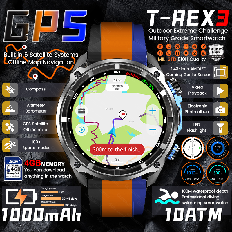 新しい男性軍事 T-Rex3 内蔵 GPS スマートウォッチ 1000mAh 大バッテリー 10ATM 防水 4 ギガバイトメモリ HD Bluetooth 通話スマートウォッチ