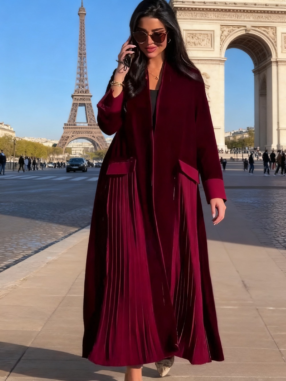 イスラム教徒の女性アバヤベルベットプリーツラマダンイードモロッコカーディガンオーバーコート折り目ロングアウターサウジアラブウインドブレーカートレンチコート