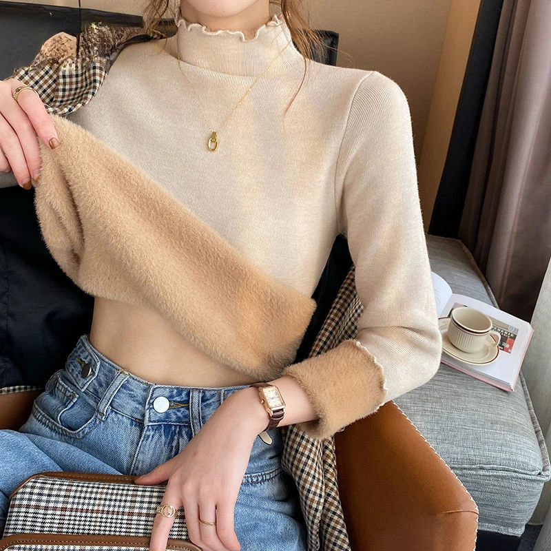秋冬セーター女性のベルベットハーフタートルネックボトリングシャツインナープラスベルベット厚いトップサーマル女性服
