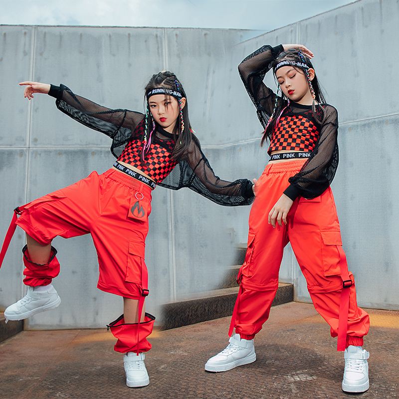 子供クールヒップホップ服トレーナーシャツトップ作物中空因果パンツ用女の子ジャズ社交ダンス衣装服着用