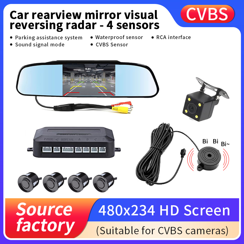 4.3 インチ車のバックミラー逆転レーダー 4 駐車センサー HD スクリーン CVBS カメラ防水駐車支援システム