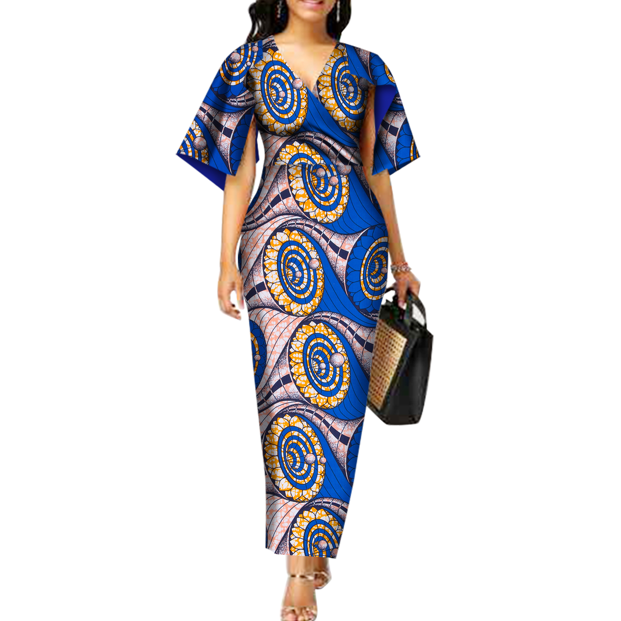 Bintarealwax ファッションアフリカドレス女性 Daseki プラスサイズアフリカ服 Vestidos ディープ V ネックパーティードレス WY3290