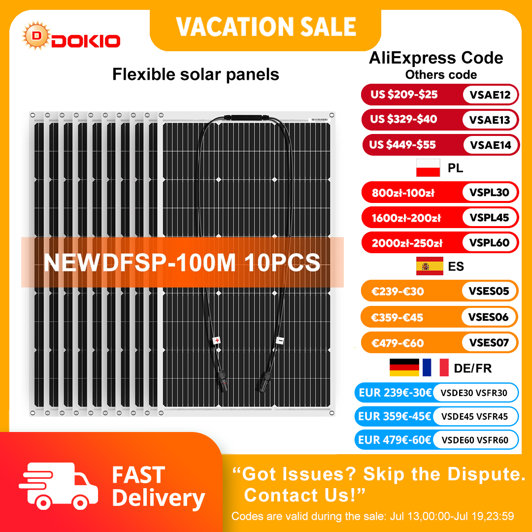 Dokio 18V 10 個 100 ワットフレキシブルソーラーパネル単結晶ソーラーパネル車/家庭用防水充電 12V 1000 ワットソーラーパネル