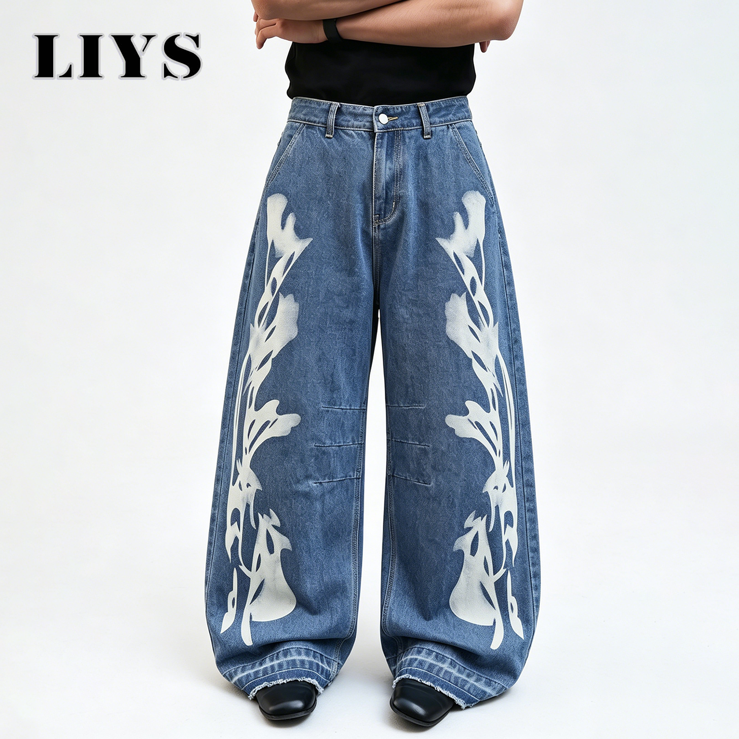 LIYS メンズ レトロ グランジ パンク プリント ワイドレッグ ジーンズ ストリート バギー デニム パンツ 集まり カジュアル デイリー 通勤に最適