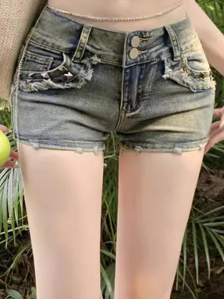 女性韓国レトロ Y2k ショーツパンツ女性ヴィンテージハイストリートホットパンツ女性ブルーローウエスト弾性ラップヒップショートジーンズ