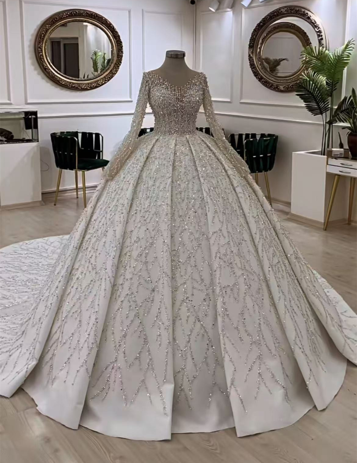 高級完全ビーズレースのウェディングドレス 2026 サテンパール夜会服フルスリーブ O ネック花嫁ドレスレースアップ Vestido デノビア