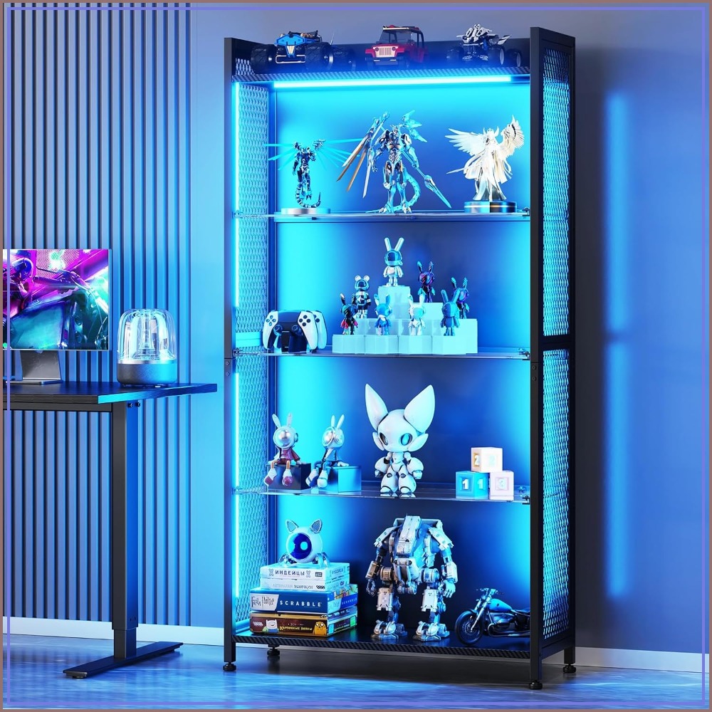 RGB LEDライト付き4段ガラスディスプレイケース、グッズ用オープンシェルフキャビネット、ブラック