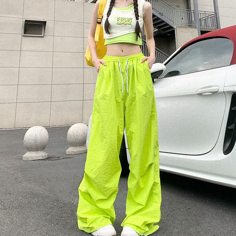 2025 夏の新薄型パラシュートパンツ女性ストリート巾着 Y2K カーゴパンツ女性弾性ウエストだぶだぶワイドレッグスウェットパンツ