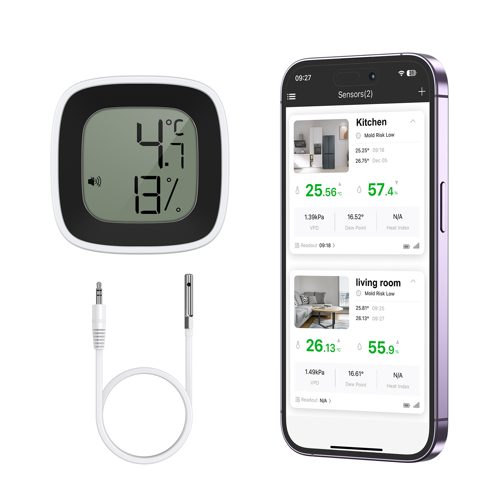 ORIA Bluetooth 冷凍庫温度計プローブ付きスマートデジタル湿度計屋内温度センサー冷蔵庫水族館ホーム