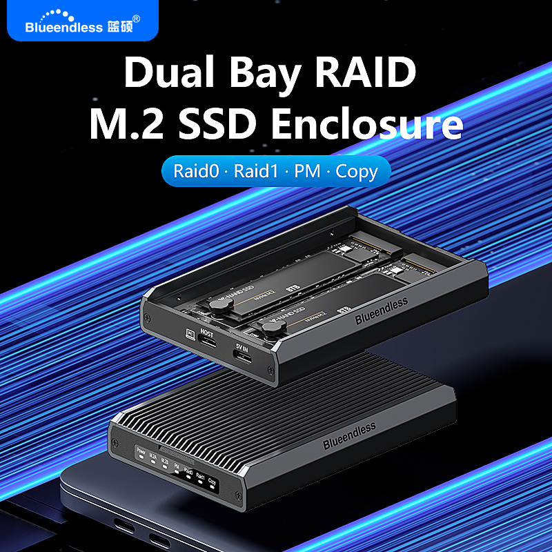 Blueendless 2 ベイ RAID M.2 SATA M.2 NVME SSD エンクロージャアルミニウムデュアルベイ NVMe RAID SSD ケースサポート最大 16TB RAID0/1/PM モード