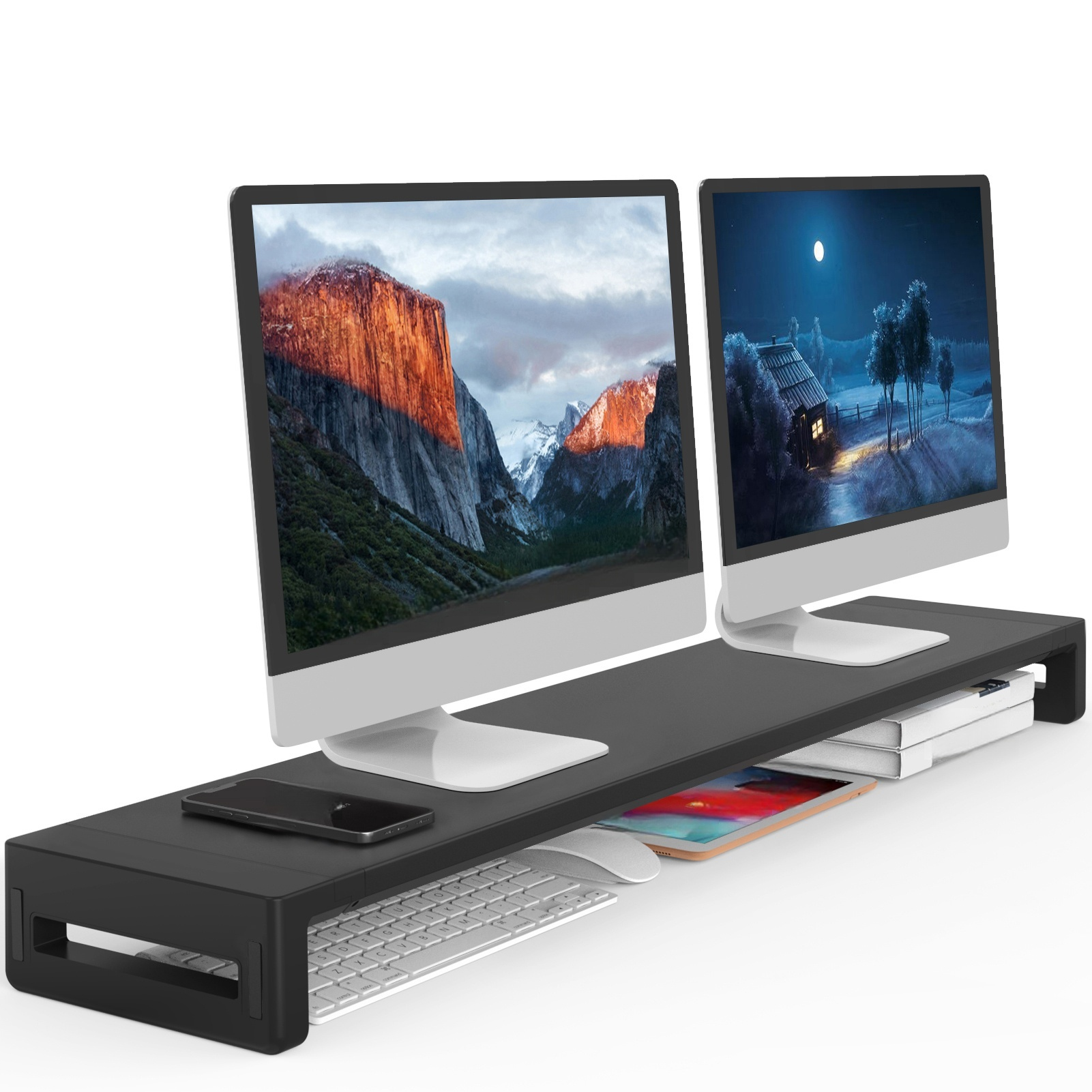 デュアルモニタースタンドライザー、拡張デスクトップコンピュータモニターサポートブラケット、モニター2台用、プリンタースタンドとラップトップスタンド付き