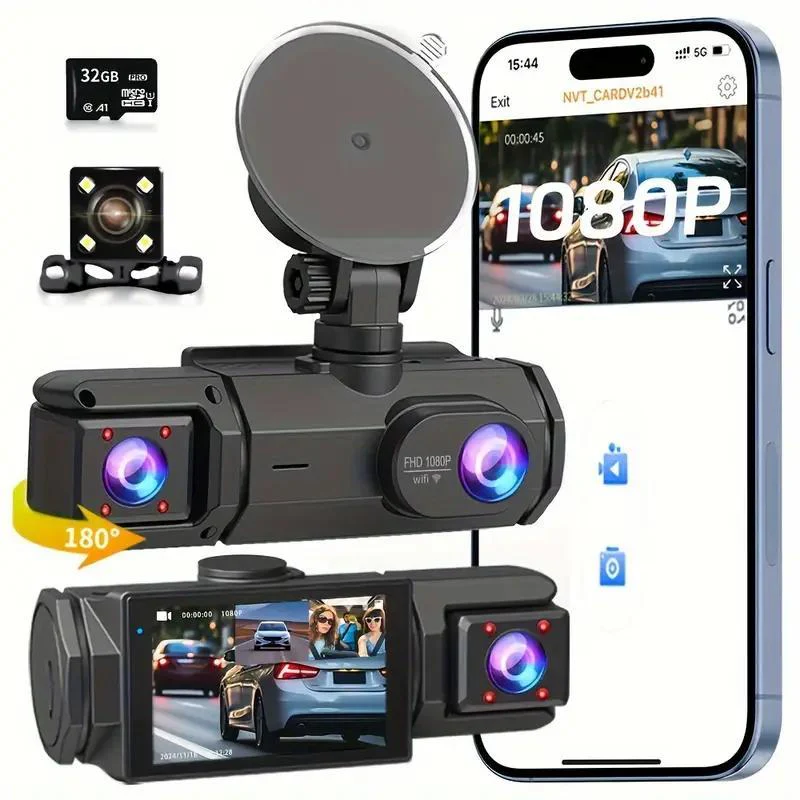 車 3Ch ダッシュカメラ 360° WIFI ビデオレコーダー車 DVR 録画カム 1080P フロント左右リアブラックボックス 24H 駐車場自動車部品