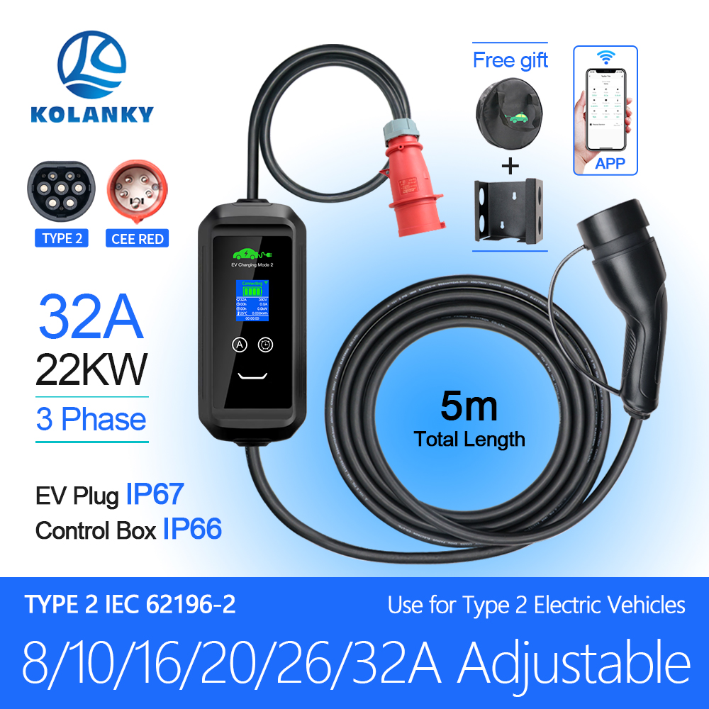 Kolanky 32A 22KW EV 充電器タイマー Tuya アプリ Wifi タイプ 2 IEC-62169 充電ウォールボックス EU 電気自動車ハイブリッドカー合計 5 メートル