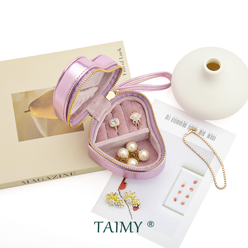 ハート型トラベルジュエリーボックス Pu レザーポータブルイヤリングリングネックレスオーガナイザーケース女性女の子ギフトミニ収納