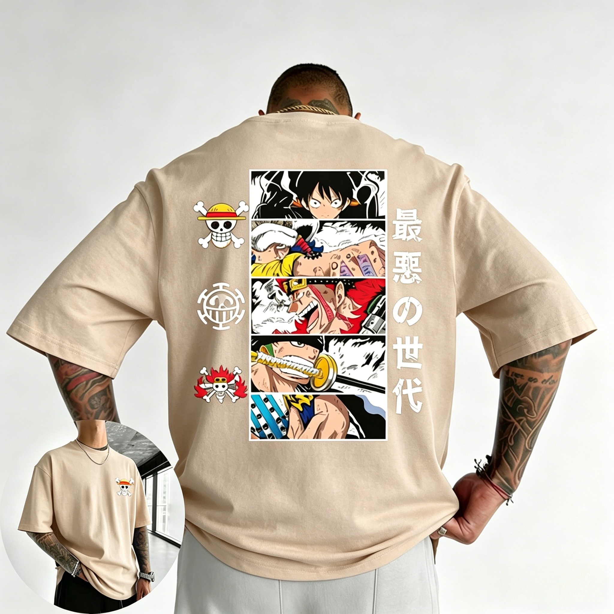 プレミアム綿 100% ワンピース最悪の世代パネルプリント特大ユニセックス原宿アニメストリート Tシャツ男性女性