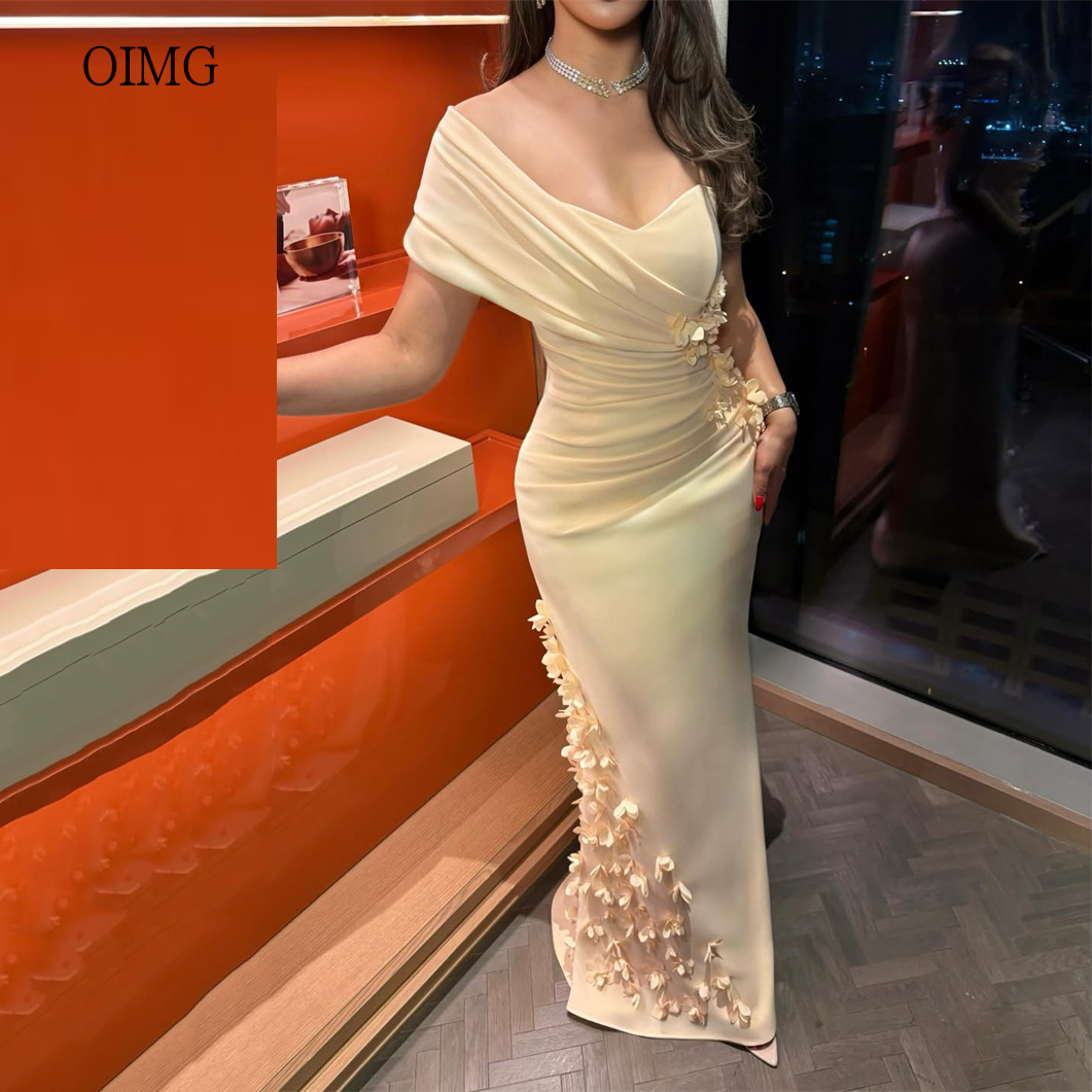 OIMG フォーマルイエロー 3D 花マーメイドウエディングドレスオフショルダープリーツイブニングドレスフロアレングスパーティードレスカスタマイズ