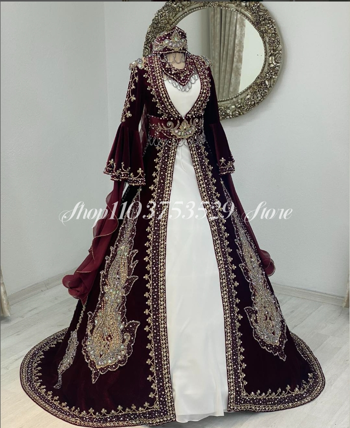 Long Sleeve Placket Burgundy Evening Dress Exquisite Luxury Embroidery Applique Diamond Beaded Ethnic Custom  فساتين سهرة فاخرة