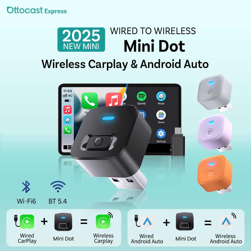Ottocast Mini 2 ワイヤレス Carplay アダプター Android Auto ワイヤレス Wi-Fi6 BT5.4 デュアル チャネル プラグ