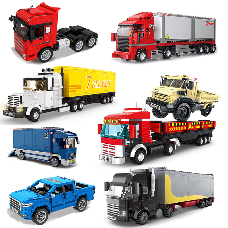 市のトラック車両ピックアップ重量貨物輸送モデルビルディングブロック機械工場バンクリエイティブキャリッジハーベスター車の子供のおもちゃ