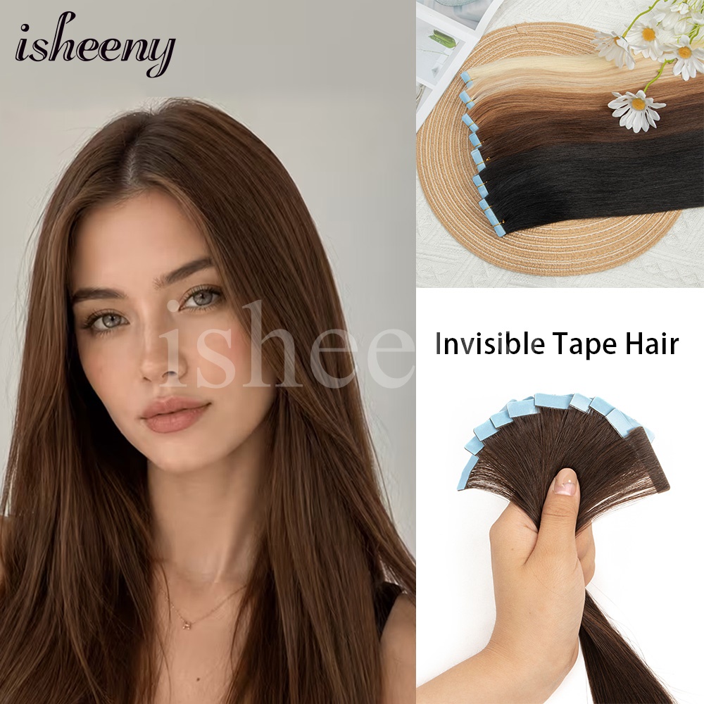 isheeny 12 "16" 20" 目に見えないテープでヘアエクステンション PU スキン横糸テープヘアエクステンションストレートマシンレミー人毛 10 個