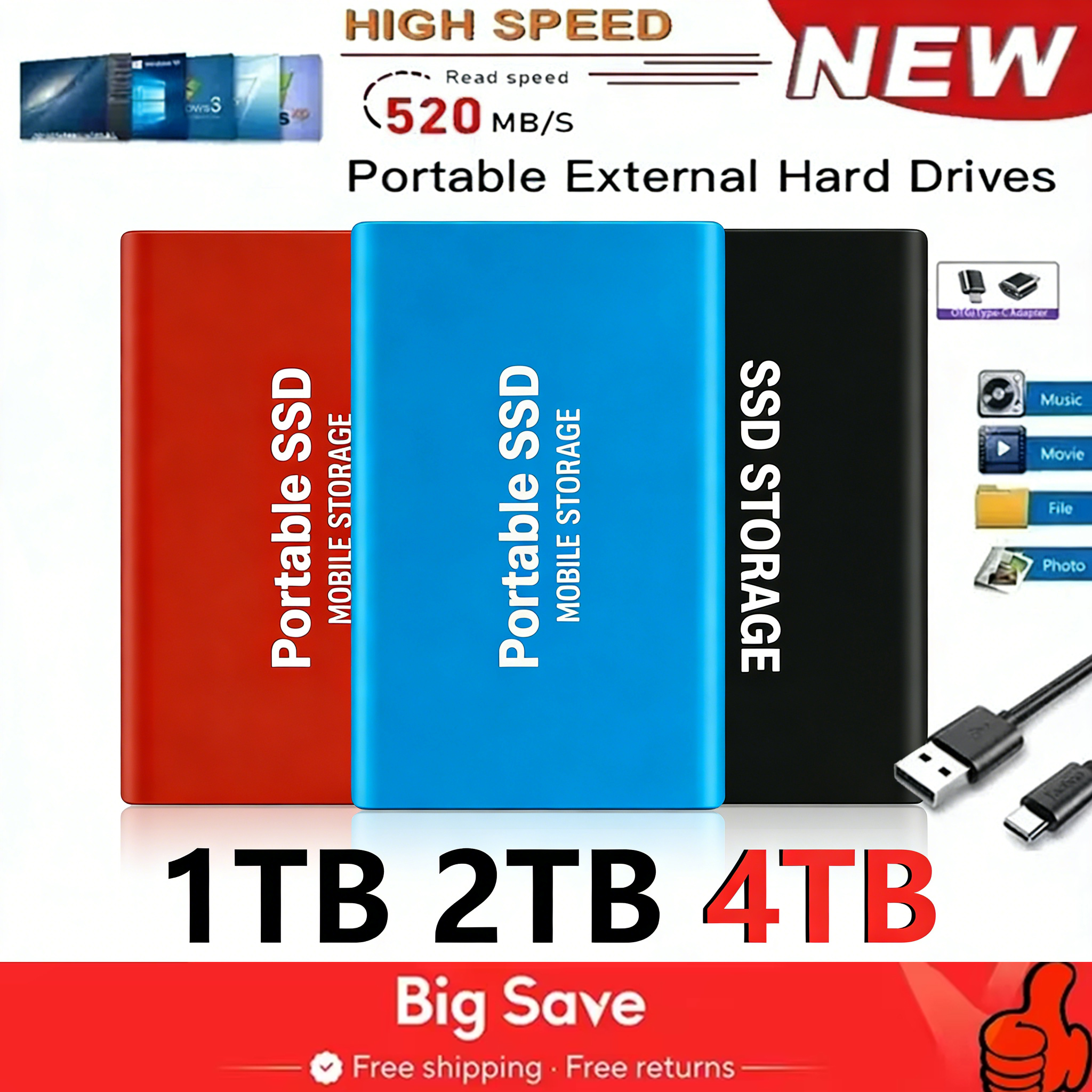4TB 高速ポータブル SSD 1TB 外付けハードドライブ純正 USB3.1 ソリッドステートドライブ 2TB 外付けハードディスク ラップトップ/MAC/PC 用