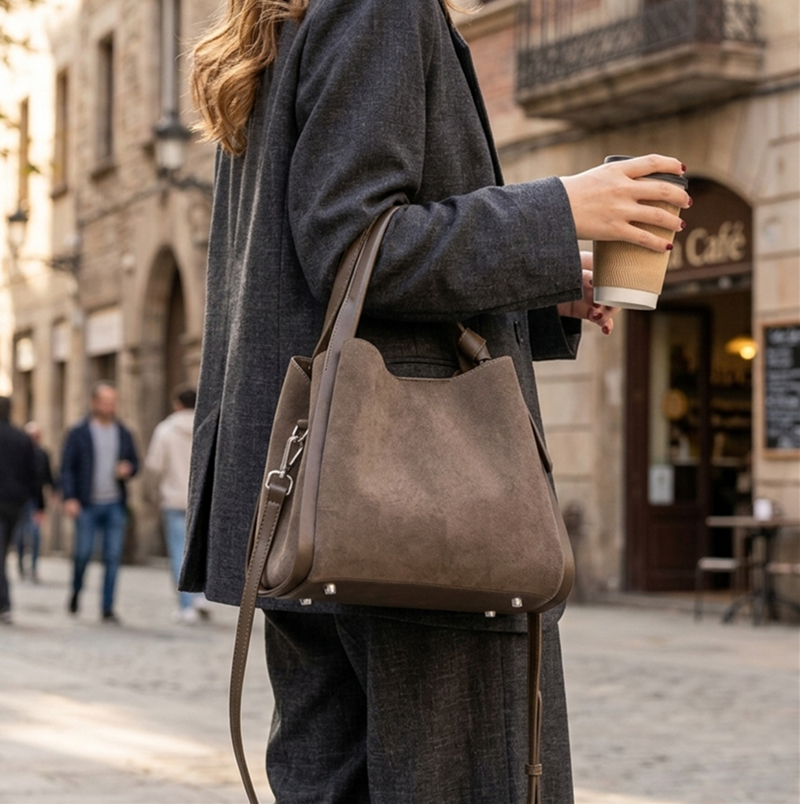 Hifashion 高級スエード牛革トップハンドルハンドバッグ女性エレガントなクロスボディショルダーバッグ仕事カジュアルバケットショッパートート