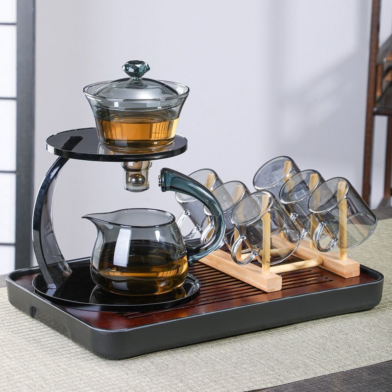 半自動磁気ティーポット、耐熱ホウケイ酸レイジーカンフードリップティーセット、木製トレイ付き
