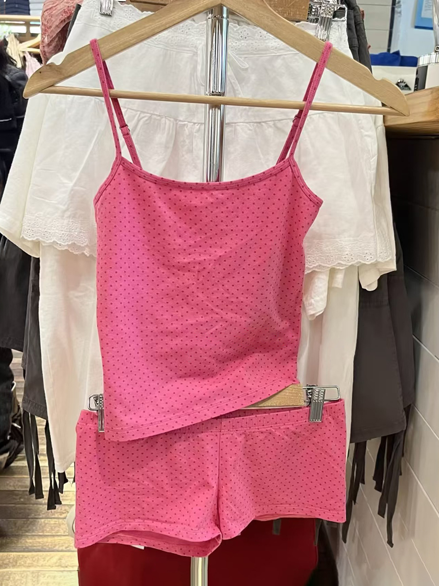 水玉ピンクタンクショーツセット女性夏の綿ノースリーブクロップトップストレートショートパンツかわいいスイートホームコージー 2 ピースセット Y2k