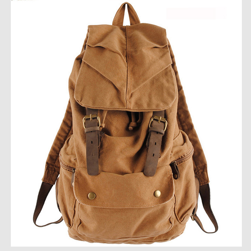 ファッションヴィンテージレザーミリタリーキャンバスバックパック男性スクールバッグ巾着バックパック女性 Bagpack 男性リュックサックティーンエイジャー mochila