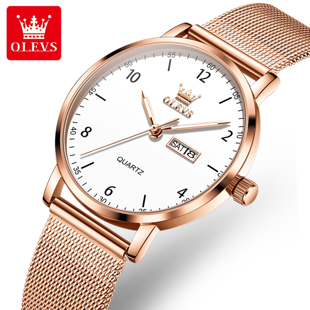 OLEVS 腕時計女性用メッシュスチールストラップファッションデジタルダイヤルクォーツ腕時計日付週防水エレガントなレディース腕時計 2996
