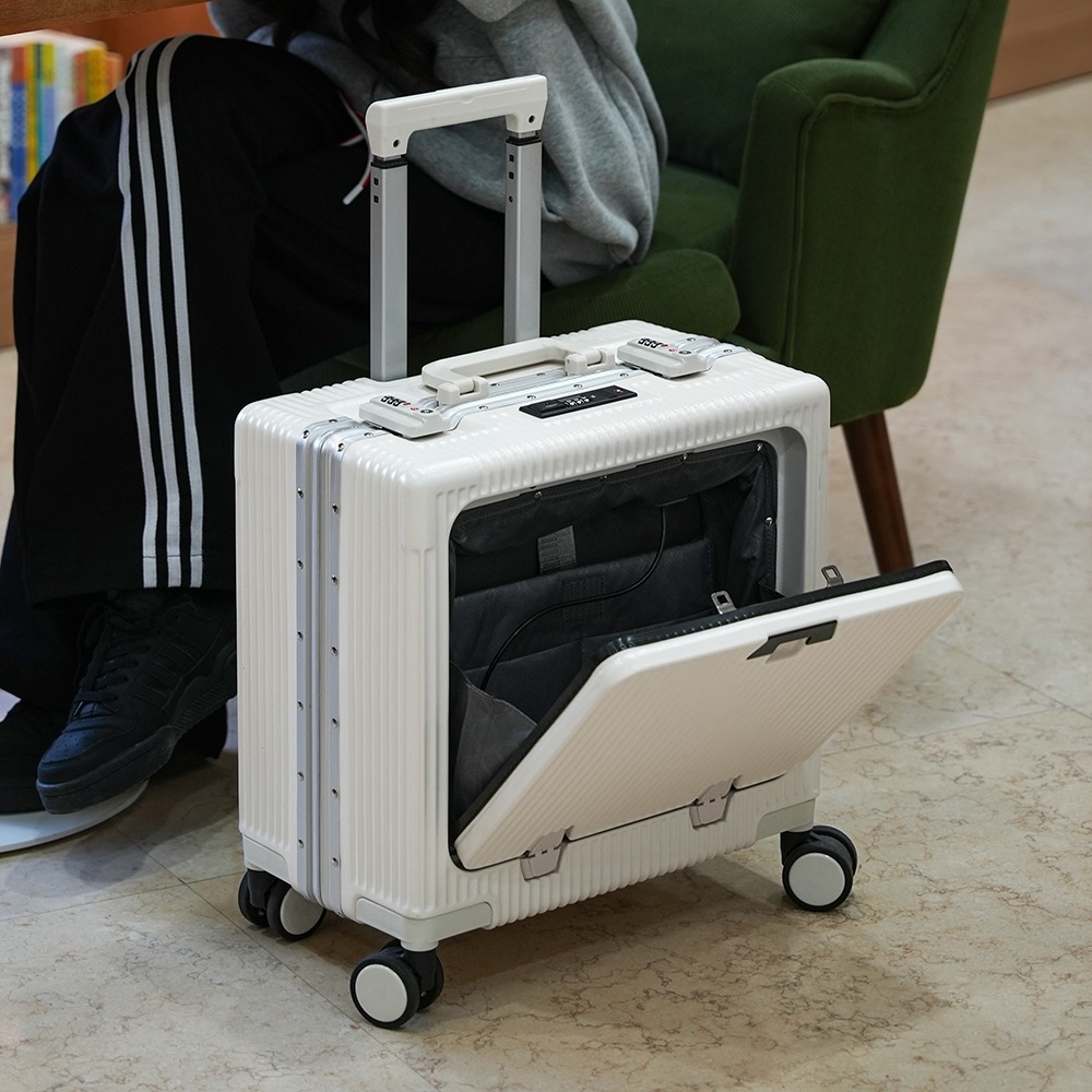 スーツケース フロントオープニングポケット アルミ合金フレーム ローリングラゲッジ 18インチ 機内持ち込み 旅行用トロリーバッグ スピナーホイール付き