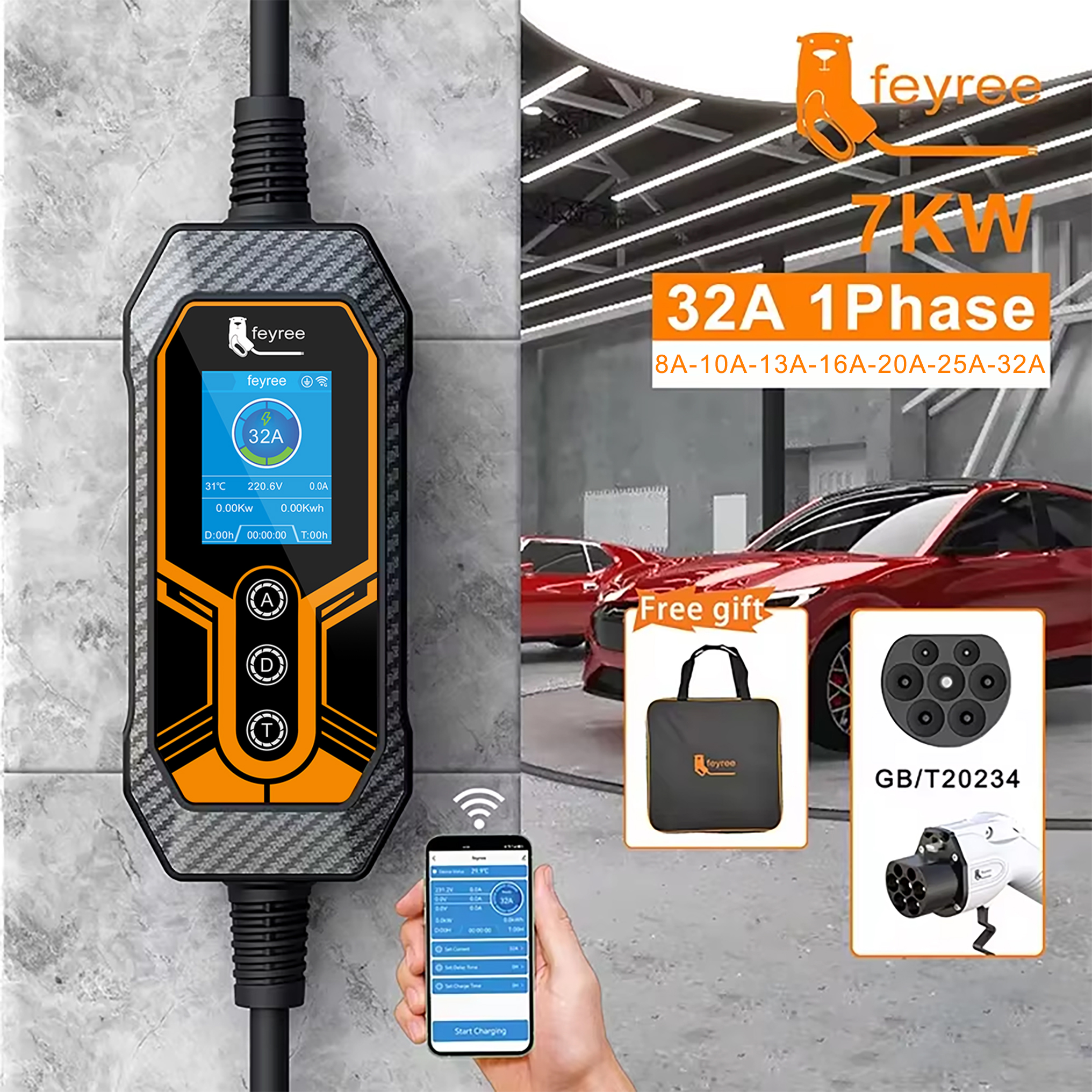 Feyree GB/T ソケット EV 充電器 11KW 16A 3 相スマート APP WIFI Bluetooth 32A 7KW 1 相ポータブル充電ボックス電気自動車用
