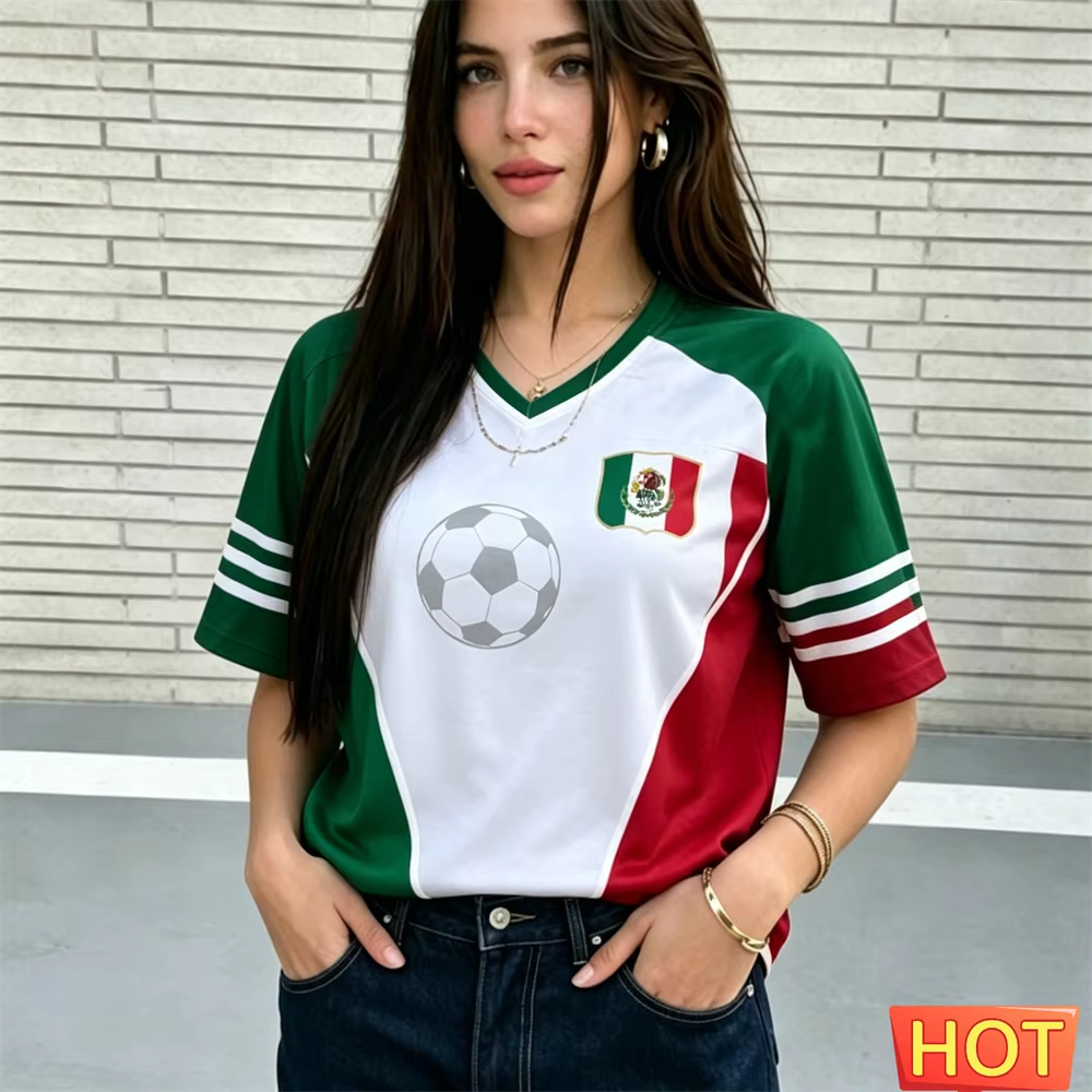 夏の女性の V ネックジャージメキシコスタイルサッカージャージ通気性スポーツレディース Tシャツポリエステル通気性 Tシャツジャージトップス