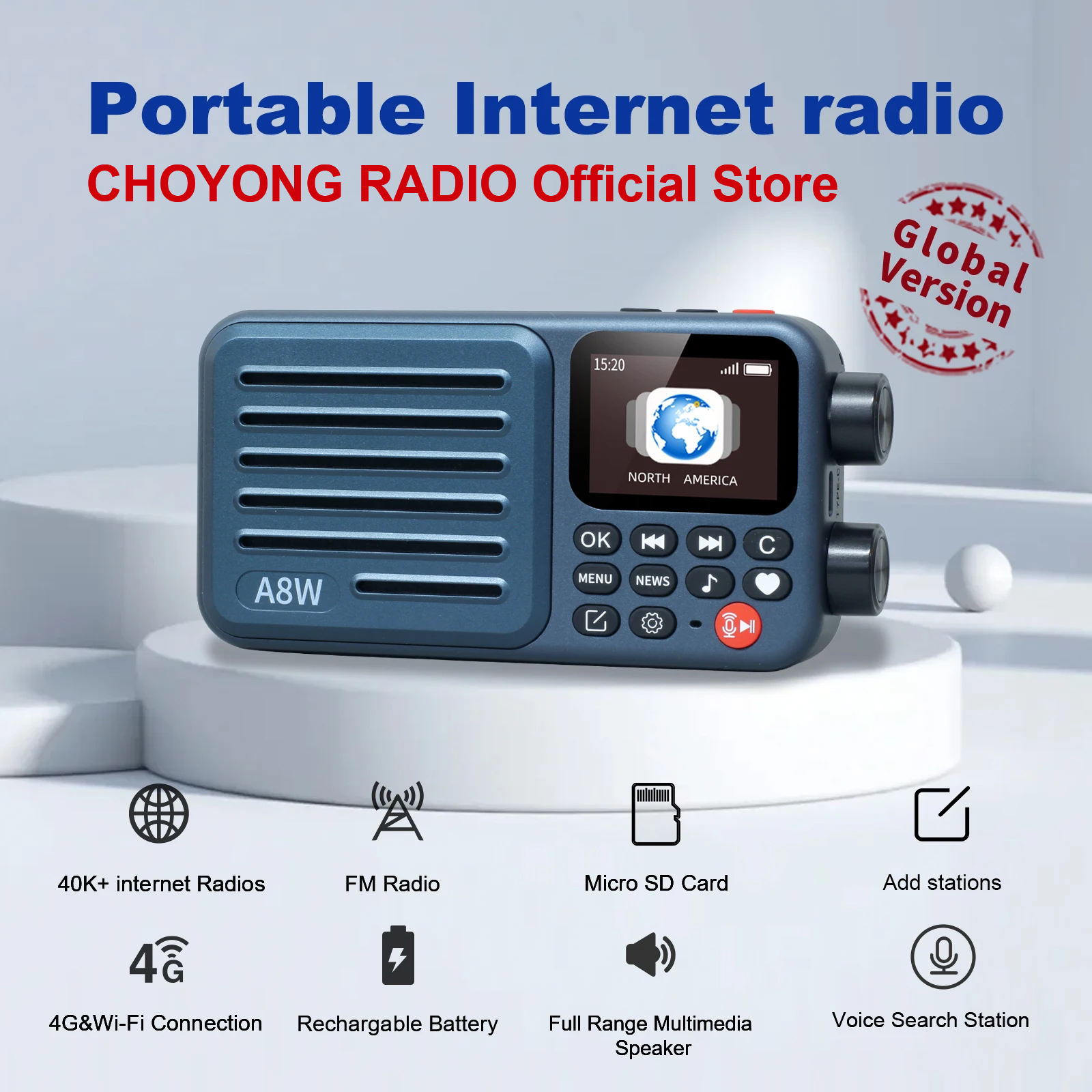 Choyong A8W ポータブルインターネットラジオ (グローバルバージョン) WIFI 付き
