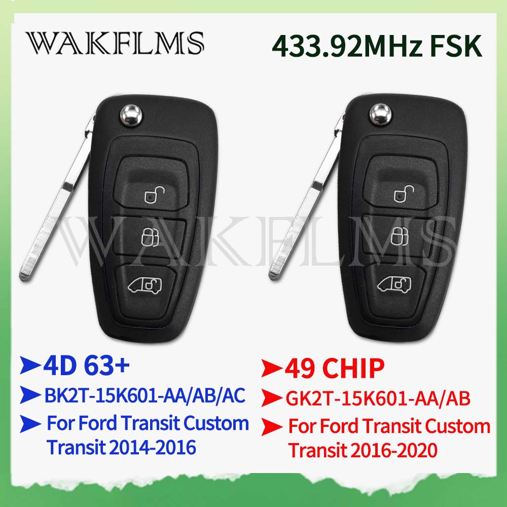 For Ford Transit 2014 2015 2016 2017 2018 2019 2020 433MHz 4D63+ ID49 Chip Flip Remote Car Key GK2T-15K601-AA BK2T-15K601-AA