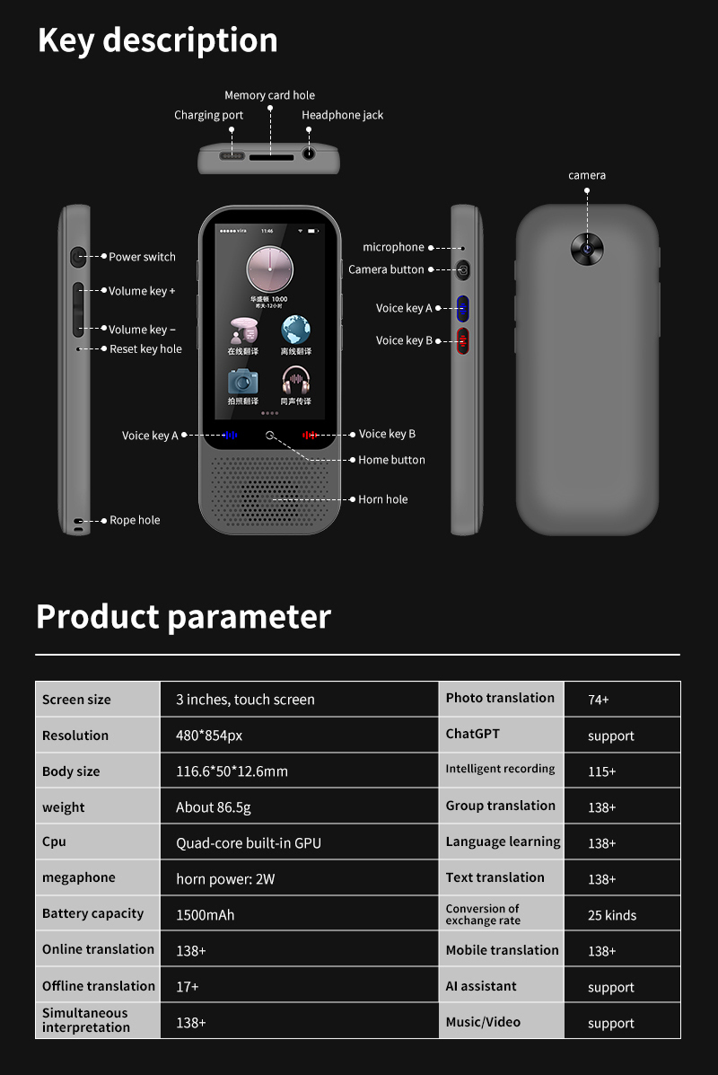 S80 Pro ポータブル翻訳機 ChatGPT リアルタイム言語翻訳スマート音声写真テキスト録音翻訳デバイス