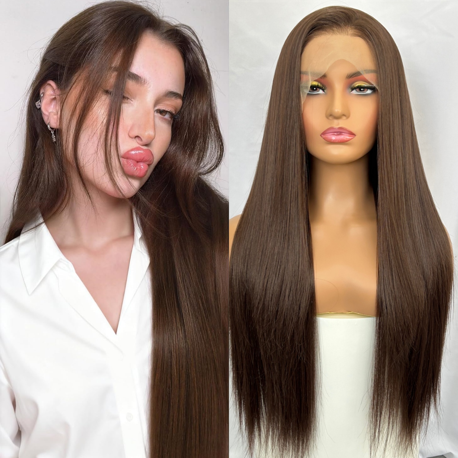 ロングブラウンストレート 13 × 4 レースフロントウィッグ女性のための合成事前摘み取られたヘアラインチョコレートダークブラウンブルネットナチュラルブラック