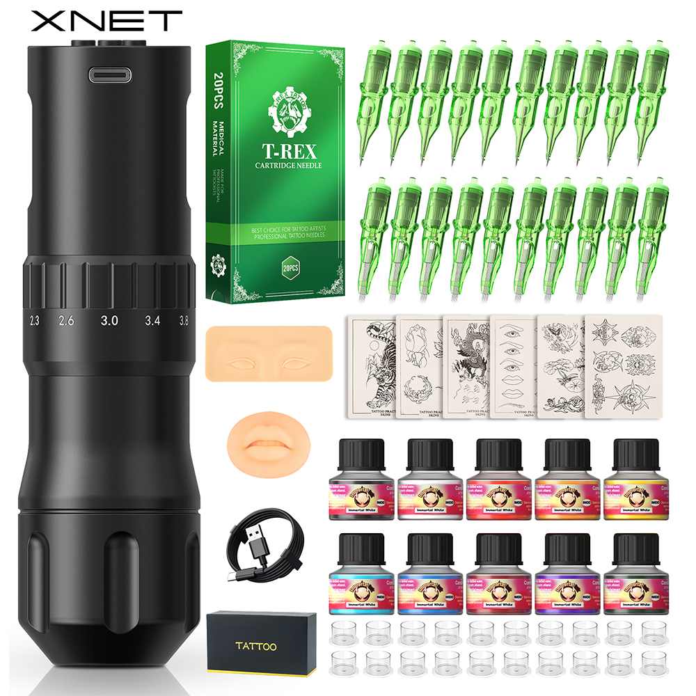 XNET Gear370 ワイヤレスタトゥーマシンフルキット 7 ストロークコアレスモーター 1600mAh バッテリータトゥーペンセット初心者向けボディーアート用