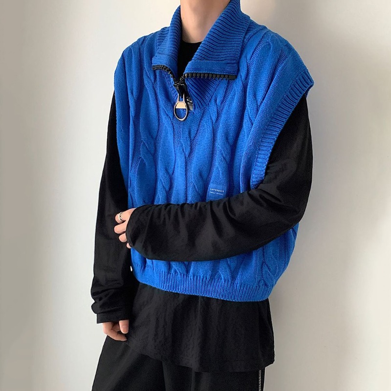 春レトロジッパーハイネックニットベスト男性インクラインブルーノースリーブセーター若者活力生き抜くカップルルーズジャンパー