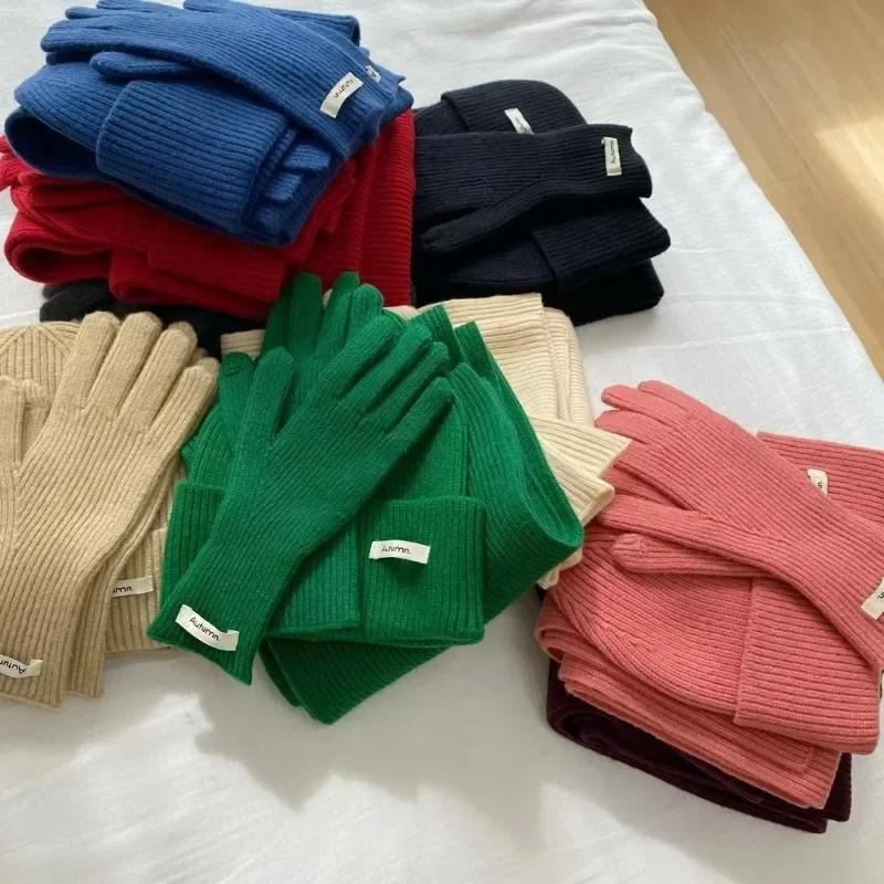 Autumn Winter Blue Red Lovely 3 Pcs Women's Glove Set Knitted Hat Scarf Solid Warm 2025 Fashion Green Hat & Glove Sets Women