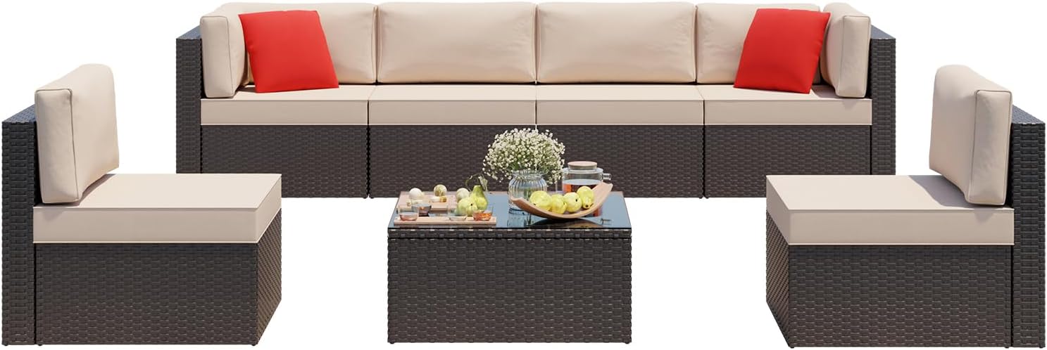 パティオ家具7点セット、屋外モジュラーセクショナルソファパティオ会話セットPEラタン籐セクショナルソファ、クッション付き、パティオ、庭、プールサイド用のガラステーブル、ベージュ