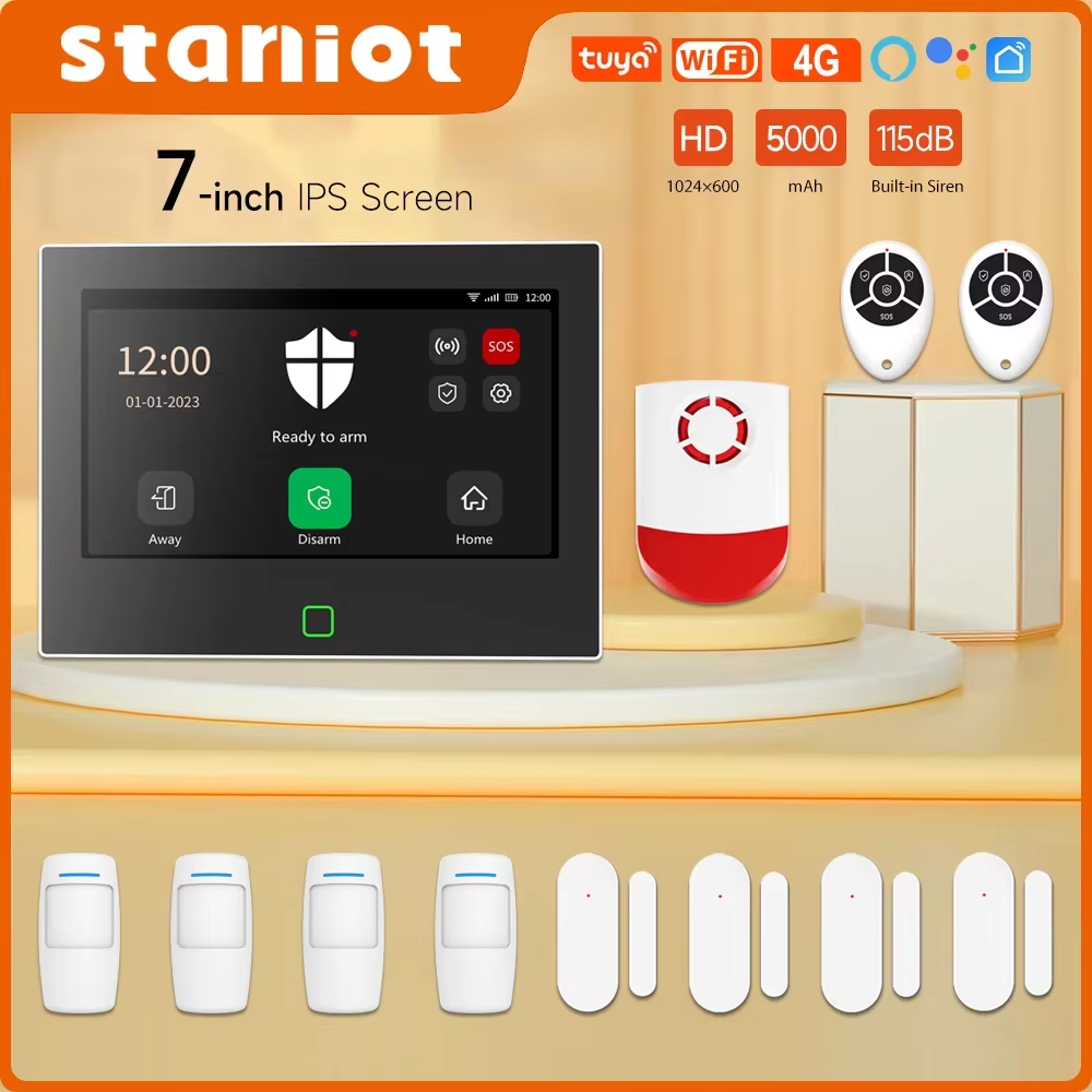 Staniot 7 インチホーム警報システムワイヤレス WiFi 4 グラム Tuya スマートセキュリティ保護キット内蔵 115dB 大音量サイレン 5000mAh バッテリー