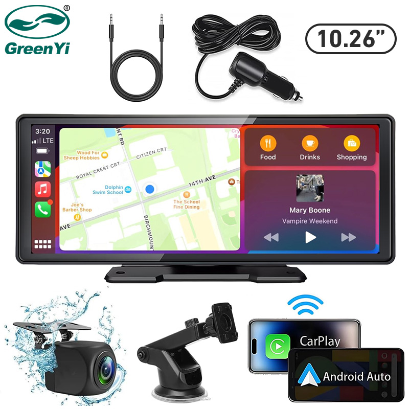 GreenYi 10.26 インチ ポータブル ワイヤレス Carplay ナビゲーション カーラジオ MP5 マルチメディア ビデオ プレーヤー Android Auto、Bluetooth FM スクリーン