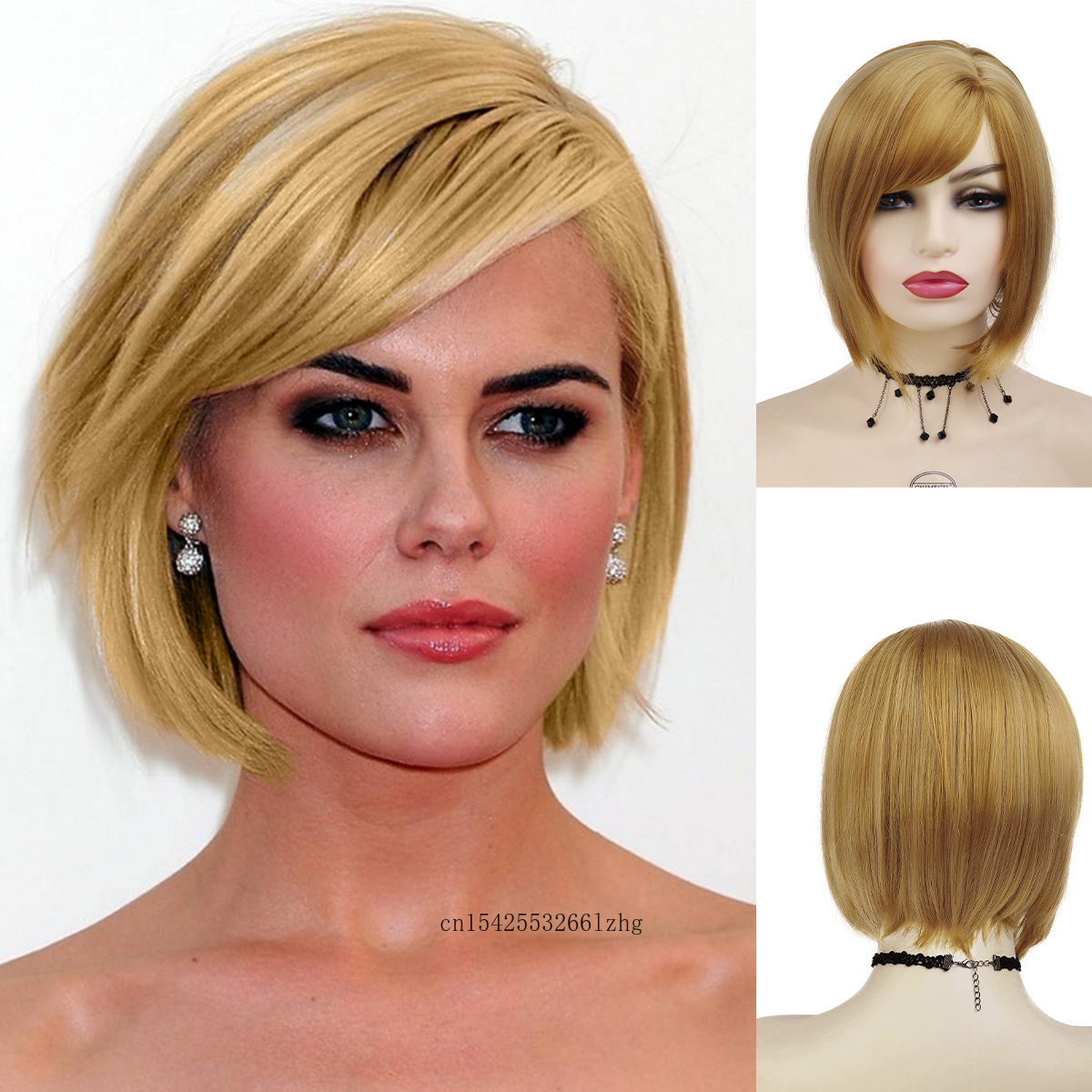 GNIMEGIL 合成ブロンドかつら前髪ショートボブウィッグ女性のための耐熱ナチュラルストレートヘアクリアランスセール格安ウィッグ