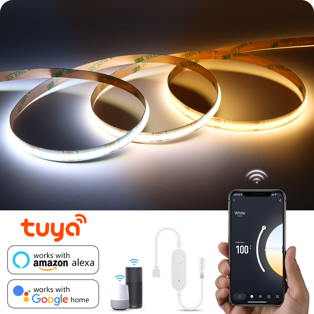 CCT 2700K-6500K 変更可能なランプ Tuya スマートホーム COB LED ストリップ Alexa ライトリニア LED テープ、調光可能な WiFi LED 調光スイッチ付き