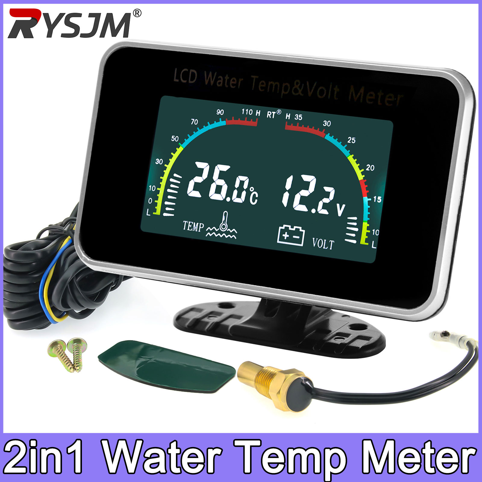 2in1 Water Temperature Meter Voltmeter 12V/24V Car LCD  Thermometer Gauge Temp & Voltage Meter 10mm Water Temp Sensor For Car