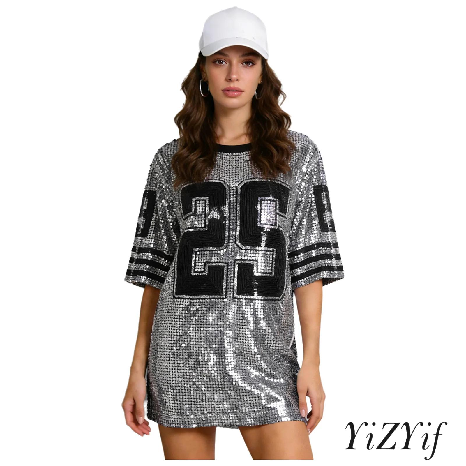 レディースヒップホップストリートダンススタイル Tシャツ総柄スパンコール番号グラフィッククルーネック 3/4 スリーブキラキラブラウストップカジュアルコスチューム