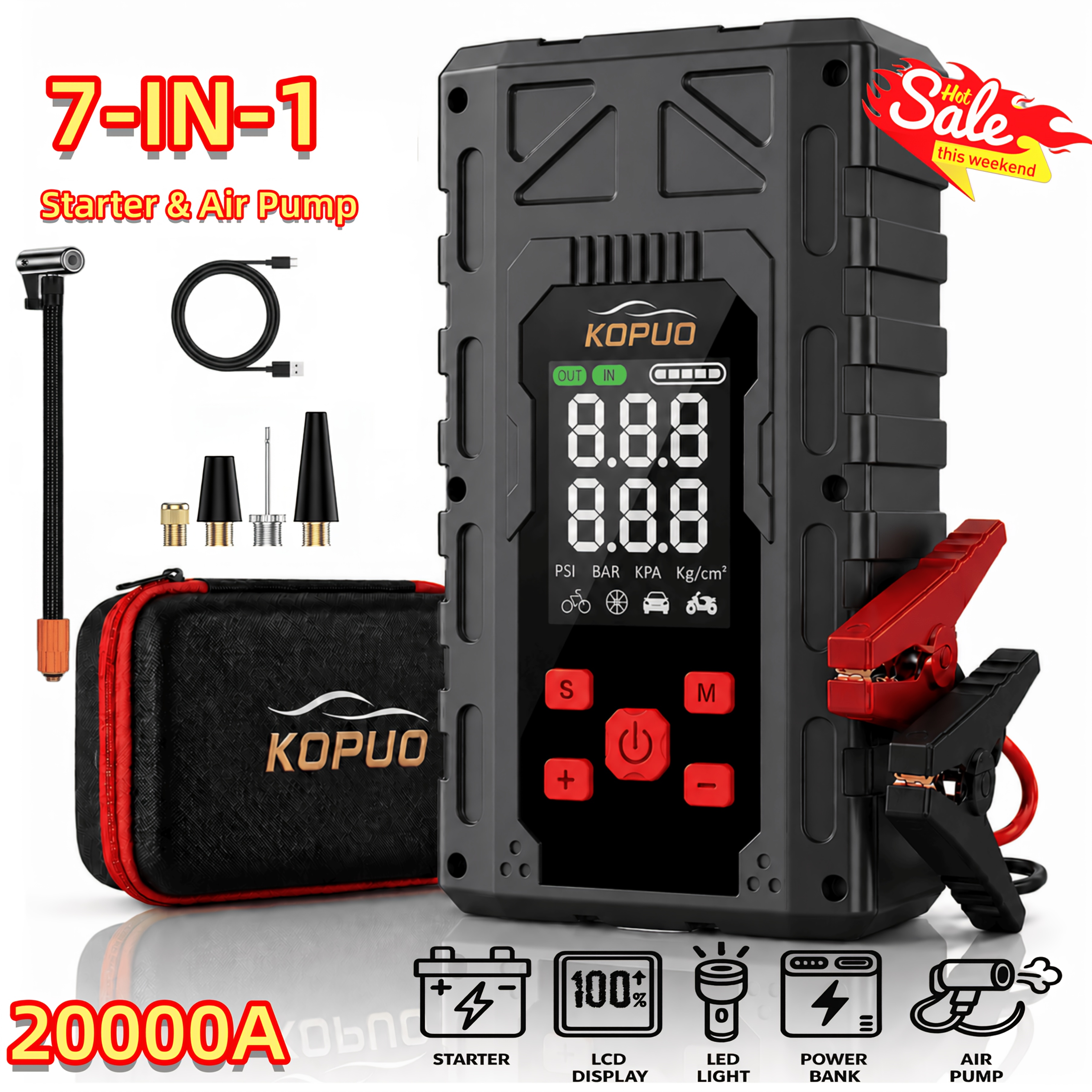 6000-8000A ジャンプスターター オプションの 20000A ピーク 12V 車用ジャンプスターター、エアコンプレッサー付き、高耐久ジャンプスターターバッテリーパック、150PSI ポータブルタイヤインフレーター付き、7-in-1 ロードサイドアシスタンスキット、バッテリー